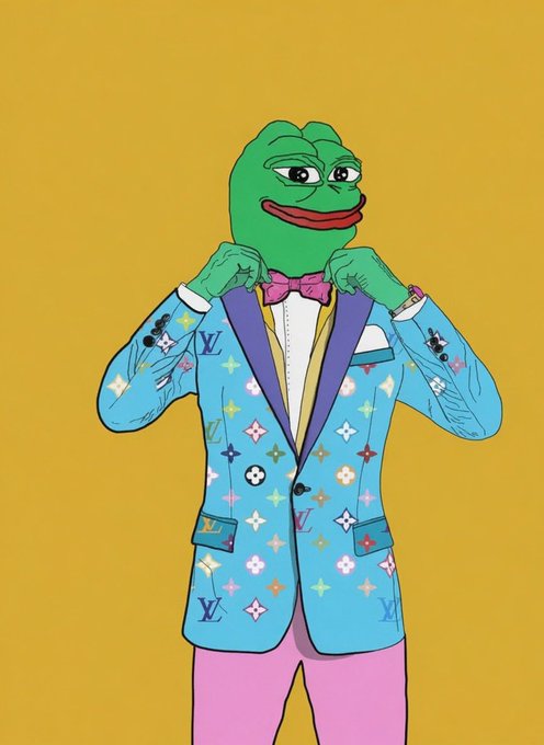 An illustration of Pepe the Frog character wearing a colorful Louis Vuitton-style monogram suit jacket and pink bow tie, adjusting his collar against a yellow background.