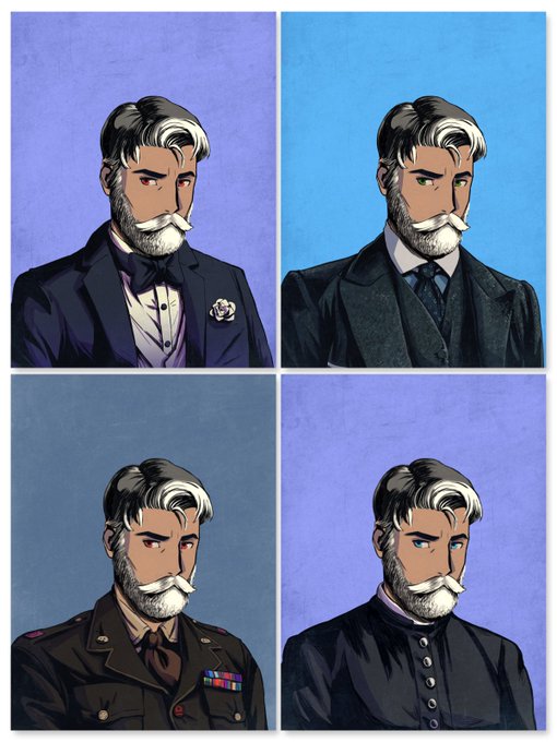 Four illustrated portraits of the same bearded man with different hair colors, eye colors, and outfits, including a military uniform with medals.