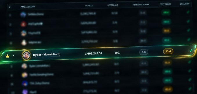Leaderboard of ambassadors ranked by points, with 'Ryder (domainfi arc)' highlighted in 7th place, showing 1,003,243.57 points and a referral score of 55.4.