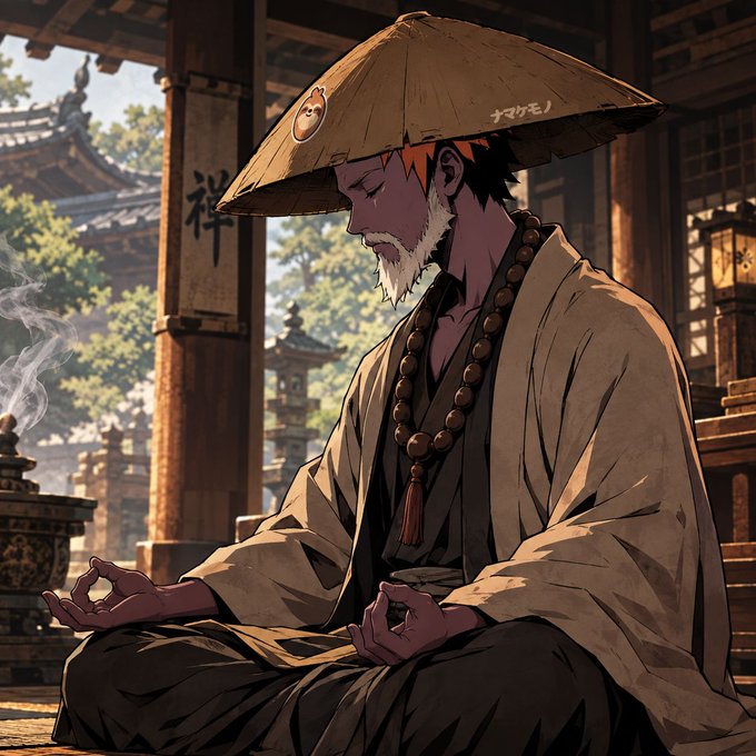 An anime-style monk with a straw hat, beard, and prayer beads meditates in a traditional temple setting, with Japanese characters visible on his hat and nearby pillar. The image's peaceful morning meditation scene pairs with the caption's humorous twist on a "Master shifu" wisdom quote, contrasting spiritual discipline with the relatable temptation of heading to the fridge.