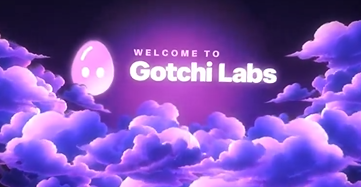 A purple-themed title card reading 'WELCOME TO Gotchi Labs' with a ghost-like logo against a cloudy sky.