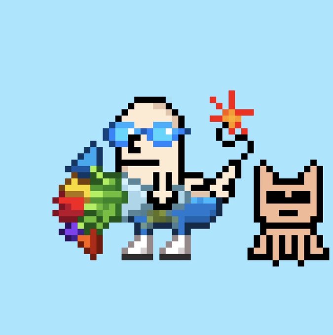 A pixel art illustration of a bald character wearing blue sunglasses, holding a sparkler and a colorful bouquet, standing next to a small orange cat figure against a light blue background.