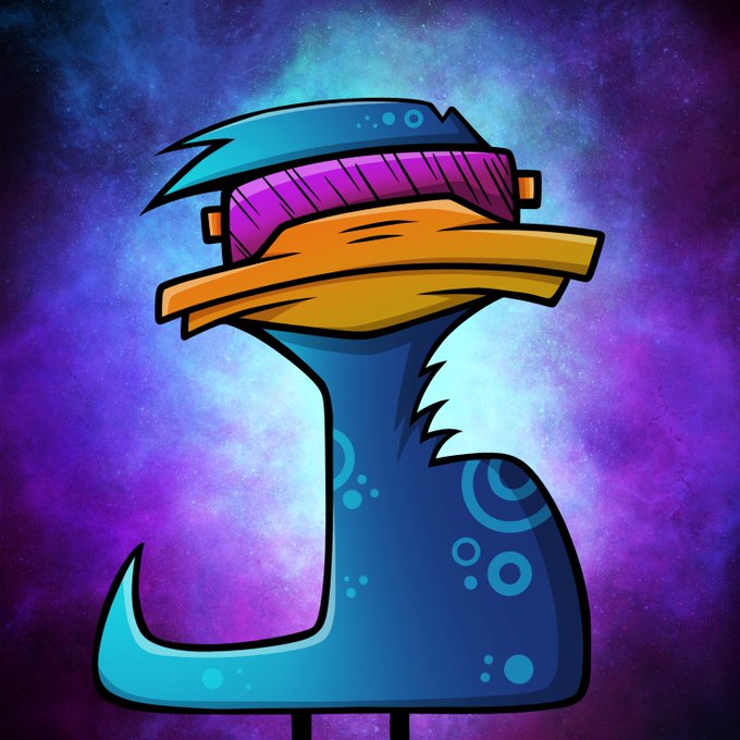 A stylized cartoon character with blue hair, a pink headband, and a large wooden beak-like nose/mouth, set against a purple and blue cosmic background.