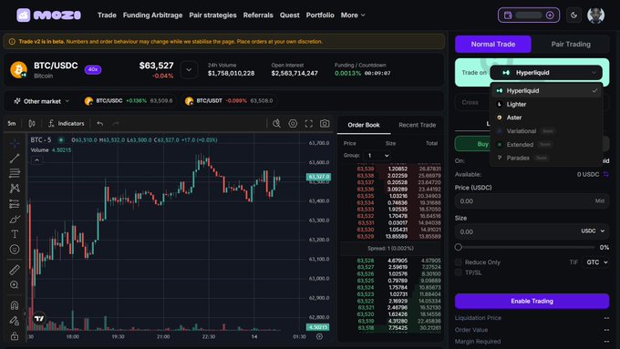 A screenshot of a cryptocurrency trading platform interface, showing BTC/USDC trading pair data, an order book, and a 'Trade on' dropdown menu listing Hyperliquid, Lighter, Aster, Variational, Extended, and Paradex.