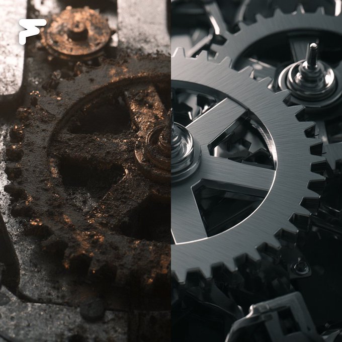 A split image contrasts a heavily rusted, corroded gear on the left with a polished, well-oiled, interlocking gear mechanism on the right—symbolizing the difference between the broken, short-lived support systems (accelerators, associations, vendors) described in the post and a fully functioning, integrated ecosystem for blockchain businesses.
