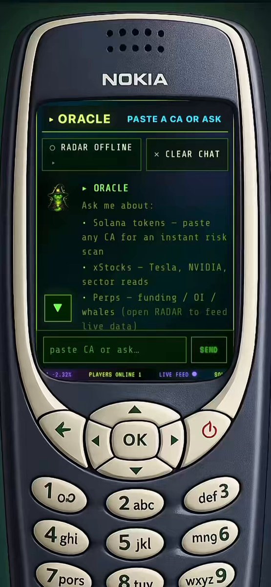 The image shows an old Nokia phone with a screen displaying a message about Oracle updates, asking if the user wants to update their system or ask for recommendations. The phone has a keypad and a speaker at the top of its frame.