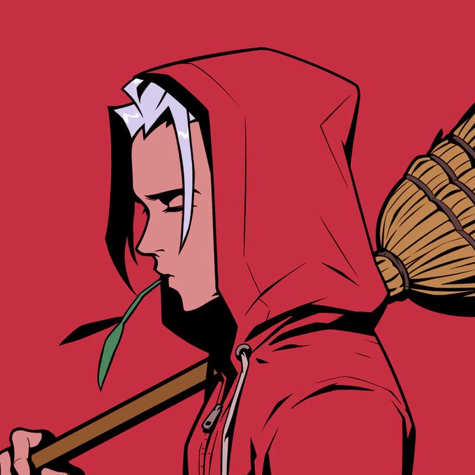 A stylized digital illustration shows a character in profile wearing a red hooded jacket, holding a green leaf in their mouth, with a broom visible in the background against a red backdrop.