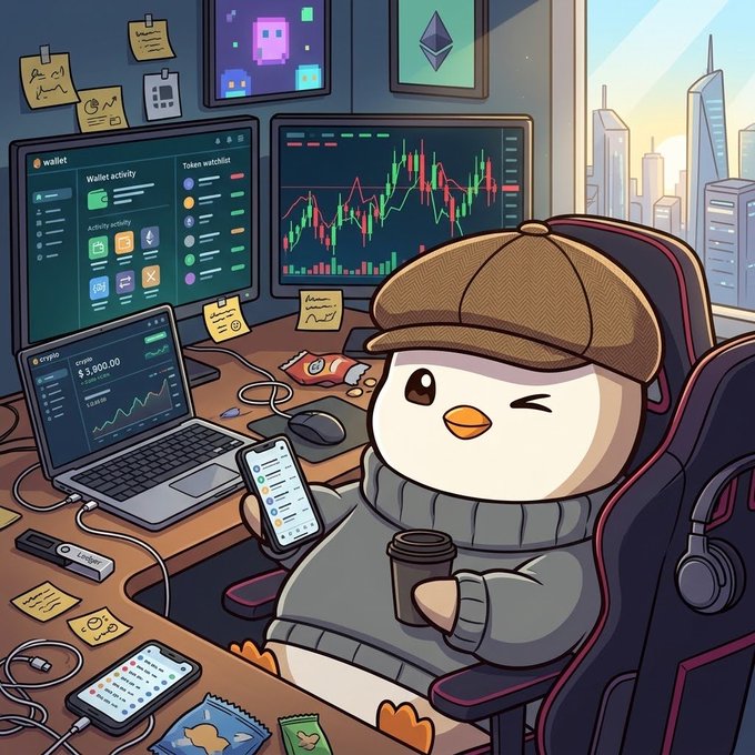 A cartoon penguin wearing a detective-style cap sits in a gaming chair holding a coffee cup and smartphone, surrounded by monitors displaying crypto trading charts with 'wallet' and 'Token watchlist' visible, alongside Ethereum and pixel art icons.