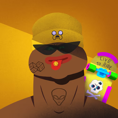 A digital illustration of a brown cartoon character wearing a yellow beanie and dark sunglasses with an extended red tongue featuring a smiley face, holding a yellow skateboard that reads 'LIVE TO RIDE'.