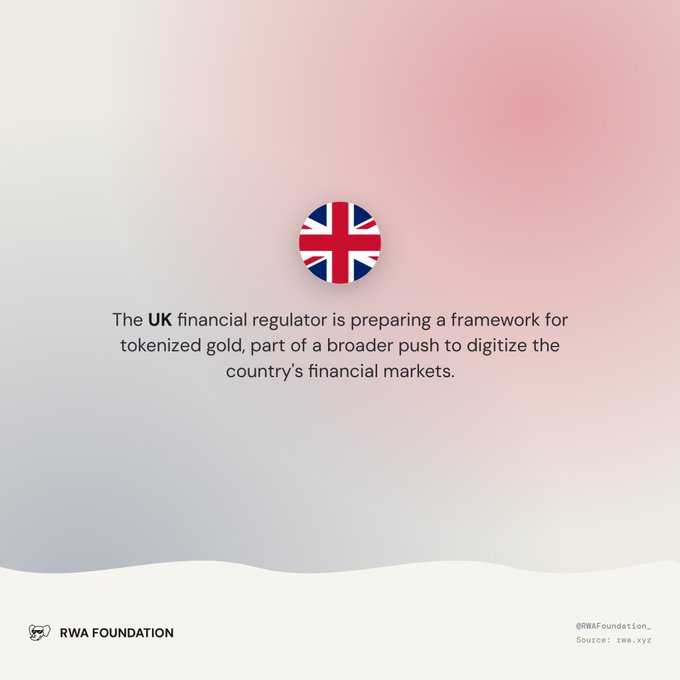 A graphic with a UK flag icon stating: 'The UK financial regulator is preparing a framework for tokenized gold, part of a broader push to digitize the country's financial markets,' credited to RWA Foundation with source 'rwa.xyz'.