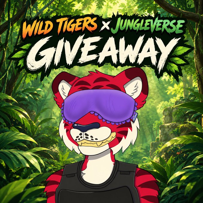 A 'WILD TIGERS x JUNGLEVERSE GIVEAWAY' promotional graphic featuring a red cartoon tiger wearing a purple sleep mask and black vest in a jungle setting.