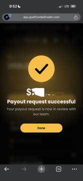 A mobile screenshot showing 'Payout request successful' with the message 'Your payout request is now in review with our team.' on the app.gofundtradetrader.com website.