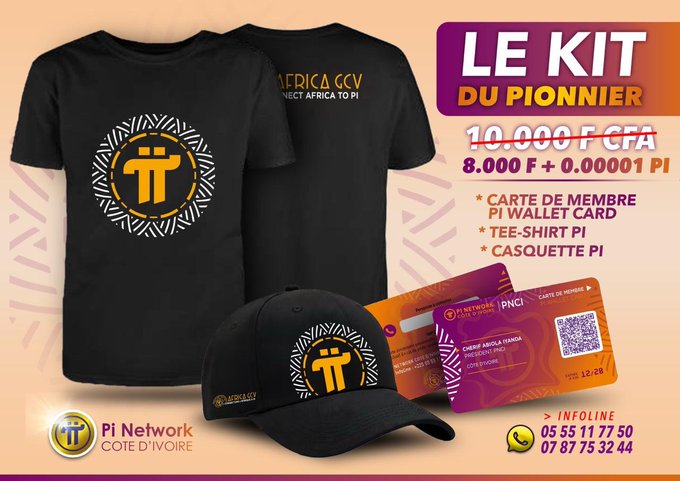 Promotional advertisement for 'LE KIT DU PIONNIER' from Pi Network Côte d'Ivoire, priced at 10,000 F CFA (8,000 F + 0.00001 Pi), including a Pi Wallet Card, Tee-Shirt Pi, and Casquette Pi, featuring black apparel with the Pi logo.
