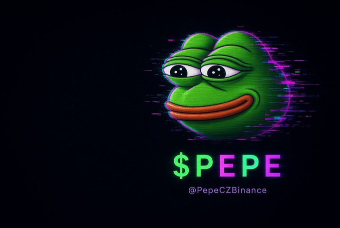 A stylized Pepe the Frog meme character with a glitch effect appears against a black background, accompanied by the text "$PEPE" in green and pink, along with the handle "@PepeCZBinance" — visually reinforcing the post's message about the PEPE community's loud, viral presence in the crypto space.