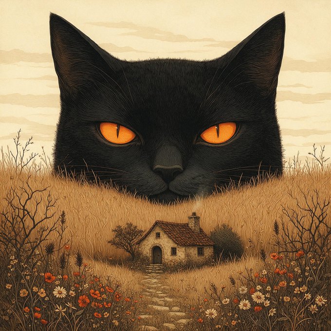 A surreal digital illustration shows a giant black cat with glowing orange eyes looming over a small cottage in a field of wildflowers.