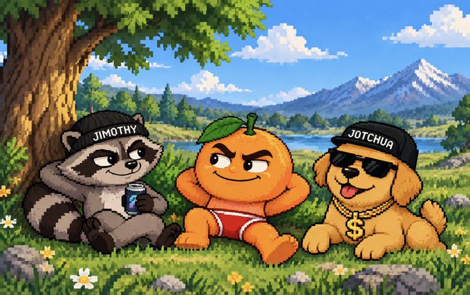 A pixel-art trio lounges under a tree by a lake: a raccoon wearing a "JIMOTHY" cap and sipping a drink, an orange mascot in red briefs flexing confidently, and a puppy in sunglasses labeled "JOTCHUA" with a dollar-sign chain. The image personifies the three memecoins—$Udin, $Jotchua, and $Jotchua—featured in the post, visually representing the creator's commitment to shilling them until each hits a $1B market cap.