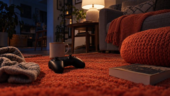 A black PlayStation controller rests on a red shag rug next to an empty mug and a book, with a lit lamp and cozy living room furniture in the background. The scene perfectly captures the "one more game" feeling—the controller abandoned mid-session in a warm, inviting space where no one is ready to call it a night.