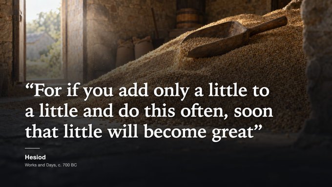 An inspirational quote by Hesiod from Works and Days, c. 700 BC, overlaid on a rustic scene of grain with a wooden scoop.