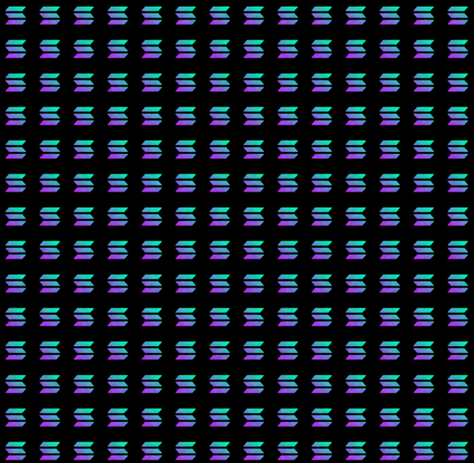 A repeating geometric pattern featuring rows of gradient chevron shapes in purple, blue, and teal against a black background.