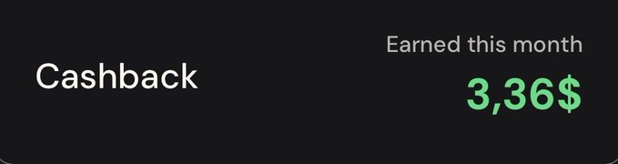 Dark-themed UI element displaying 'Cashback' with 'Earned this month: 3,36$' shown in green.