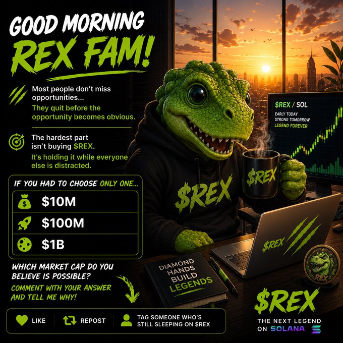 A promotional image for '$REX' token featuring a green dinosaur character in a hoodie drinking from a mug at a laptop, with text 'GOOD MORNING REX FAM!' and market cap choices of $10M, $100M, and $1B.
