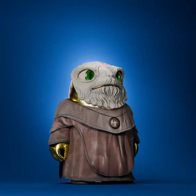 A 3D-rendered figurine depicts a character with an owl-like head and green eyes, wearing a brown robe with a circular emblem and golden gloves, set against a blue background.