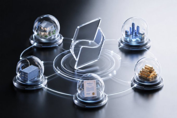 The image features a collection of five glass spheres, each containing different objects such as buildings, cars, and gold bars. These spheres are arranged around a central point, creating an interesting visual effect that draws attention to the interconnectedness of these elements. The objects within the spheres vary in size and shape, adding diversity to the display. The post discussing this image highlights the RWA space's growth and emphasizes the importance of transparency and practical use cases for real-world assets on-chain.