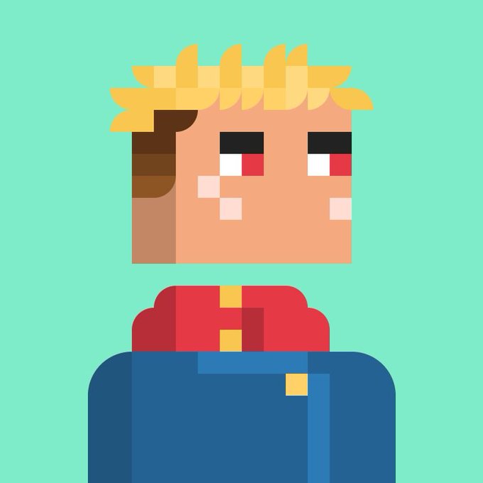 A pixel art illustration of a character with blonde hair, red eyes, and freckles wearing a red shirt and blue overalls against a teal background.