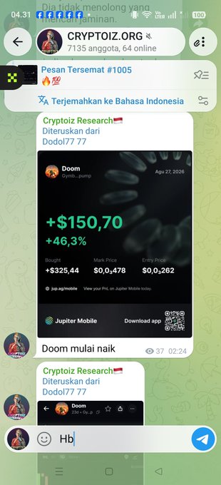 A Telegram channel screenshot from CRYPTOIZ.ORG (7135 members) showing a forwarded message from 'Cryptoz Research' about 'Doom' token, displaying a price of $0,0478 with +$150,70 (+46,3%) gain.
