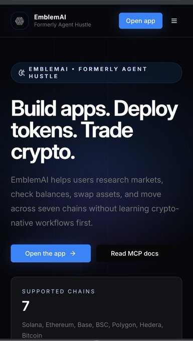 A mobile app promotional page for EmblemAI (Formerly Agent Hustle) with the tagline 'Build apps. Deploy tokens. Trade crypto,' noting it supports 7 chains including Solana, Ethereum, Base, BSC, Polygon, Hedera, and Bitcoin.