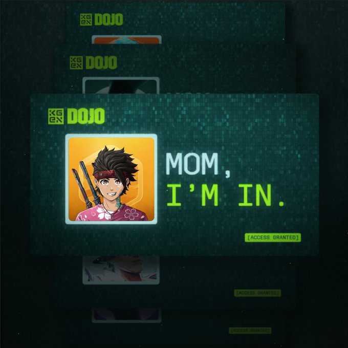 A green "KGeN DOJO" digital card displays an anime avatar alongside the celebratory text "MOM, I'M IN." and an "[ACCESS GRANTED]" stamp, visually echoing the post's excitement about being selected for the Dojo Creators program.