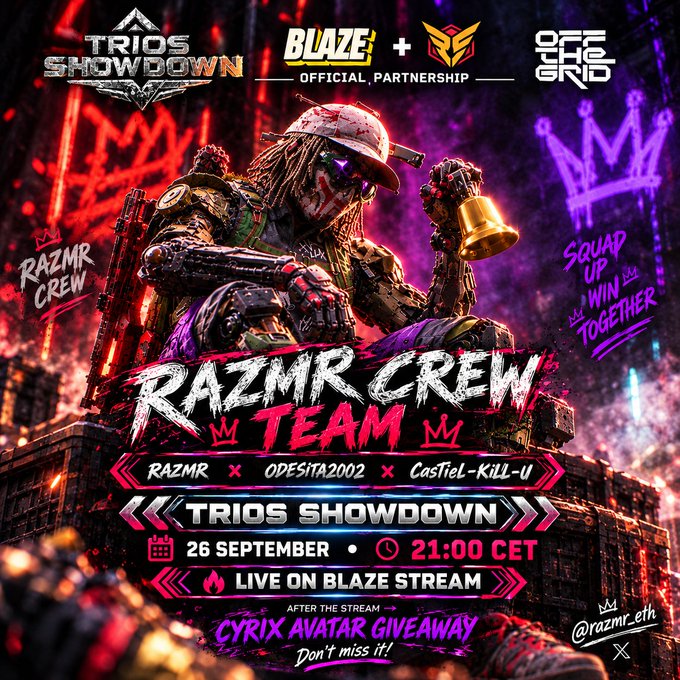 Promotional graphic for a 'Trios Showdown' esports tournament featuring the Razmr Crew Team (Razmr, Odesita2002, CasTieL-Kill-U), scheduled for 26 September at 21:00 CET, with a Cyrix Avatar Giveaway and an official partnership between Blaze and FavGaming.