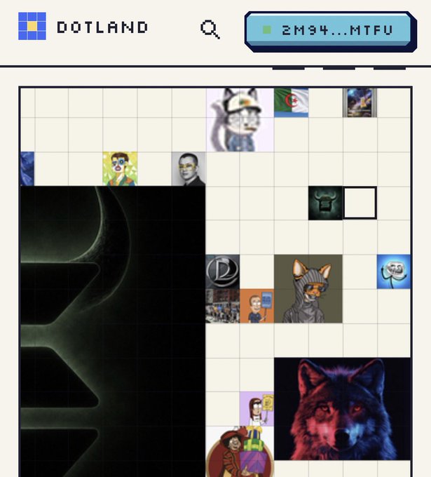 The image shows a DotLand App interface displaying a grid-based territory with various NFT-style tiles featuring cat characters, a dark wolf image, and a large black graphic on the left side. The top displays the wallet address "2M94...MTFU" alongside the DotLand logo, corresponding to the post about claiming 8,783 out of 10,000 Dots in their St. Peters cooking territory.