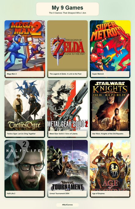 A digital poster titled 'My 9 Games - The 9 Games That Shaped Who I Am' displays classic video game covers including Mega Man 2, The Legend of Zelda: A Link to the Past, Super Metroid, Tactics Ogre, Metal Gear Solid 2, Star Wars: Knights of the Old Republic, Half-Life 2, Unreal Tournament 2004, and Age of Empires, with the hashtag #My9Games.