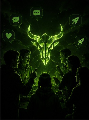 A dark green illustration of a group of people gathered around a glowing horned emblem, with chat and rocket icons floating above them.