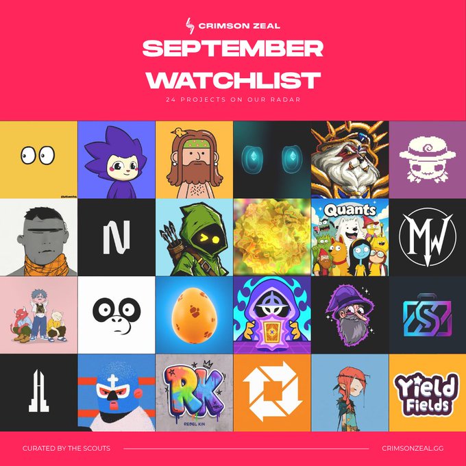 A 'SEPTEMBER WATCHLIST' graphic by Crimson Zeal displays a grid of 24 colorful project logos and character illustrations, curated by 'THE SCOUTS' at crimsonzeal.gg.