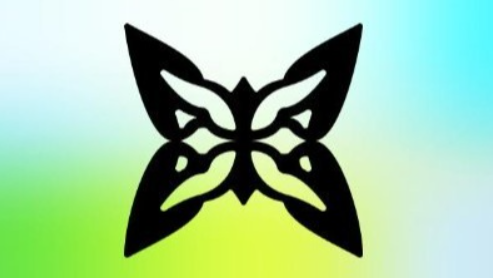 A black butterfly-shaped silhouette logo is displayed against a gradient background of blue, green, and yellow.