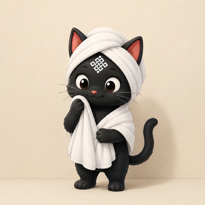 A cute, 3D-rendered black cartoon cat wearing a white turban featuring a white geometric symbol is shown against a plain beige background. The image serves as a mascot for @ritualnet, visually personifying the project through a character wearing a ritualistic garment.