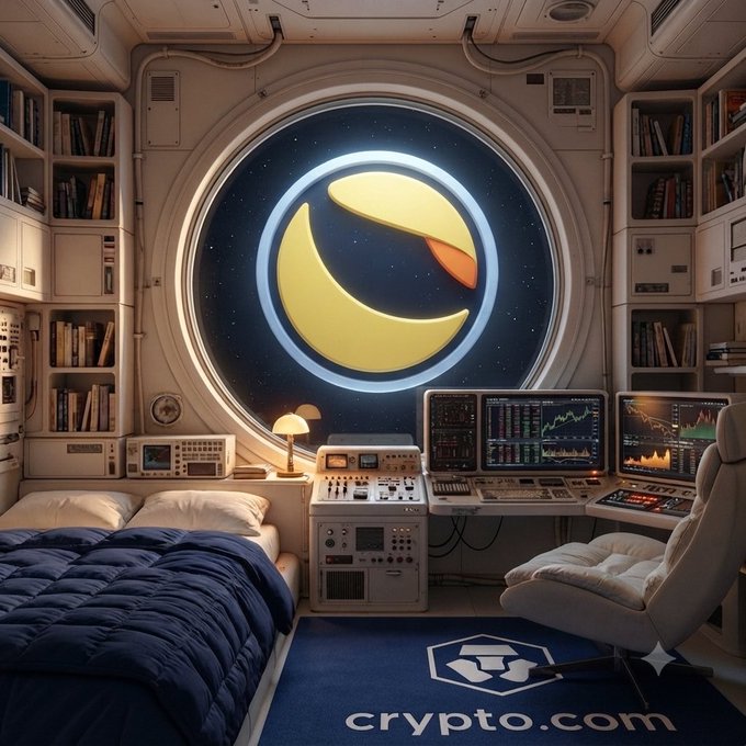 An astronaut's bedroom in space with a Crypto.com logo on the rug and a large circular window showing a yellow moon.