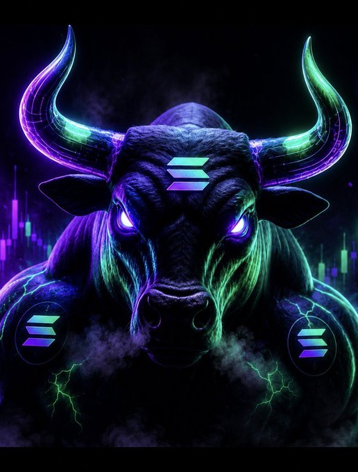A neon digital artwork of a bull with glowing purple and green horns, featuring the Solana (SOL) logo on its forehead, set against a dark background with green lightning effects.