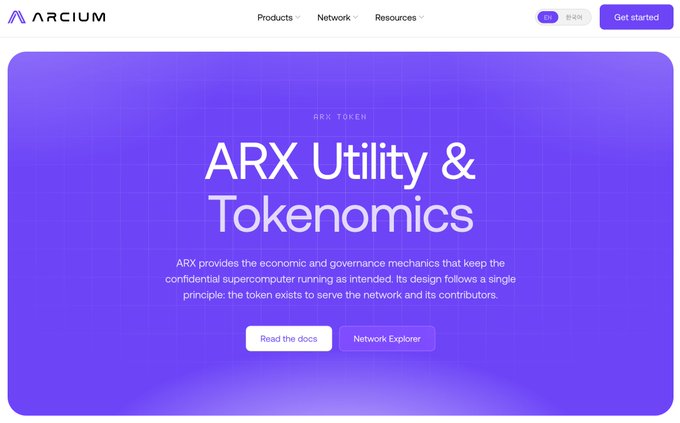 The image shows a website for an ARX tokenomics platform called "ARX utility & tokens". The website has a purple background with white text, displaying information about the platform's features and services. It also includes a list of available tokens and their respective functions.