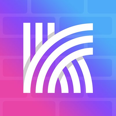 An abstract logo featuring white curved stripes against a purple-to-pink gradient brick background.