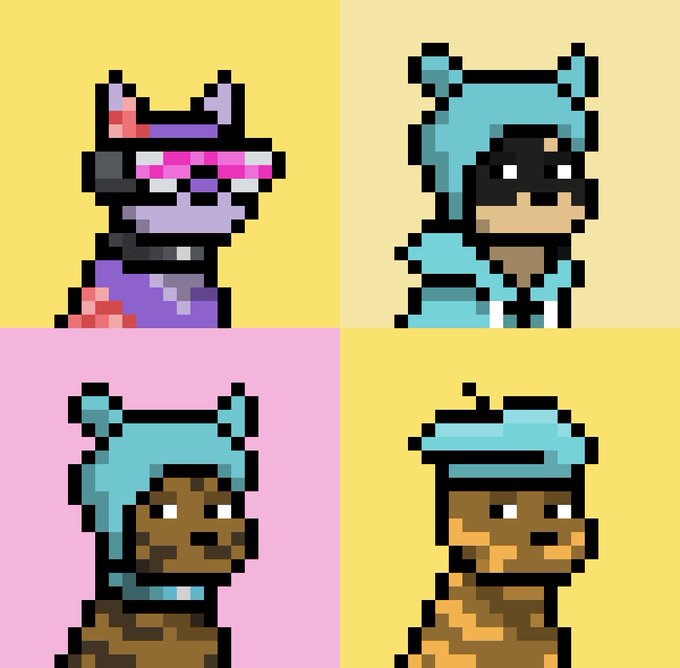 A pixel-art collage of four character portraits wearing bear-themed hoodies in various color schemes against yellow and pink backgrounds.