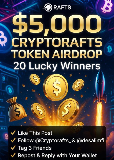 The image features an advertisement for Cryptorafts token, which is being offered as a giveaway. The poster includes a rocket ship flying through a cloud of gold coins, symbolizing the prize pool that will be distributed among the lucky winners. There are also instructions on how to participate in the giveaway and what to do if you want to join.