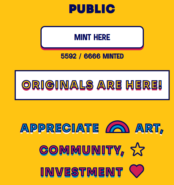 The image features a yellow background with white text that reads "Public Mint Here" followed by an explanation of what mint is, which includes details about mints being live and free for everyone. The image also contains various stickers related to appreciation art and community investment, such as a heart sticker and a rainbow-colored star.