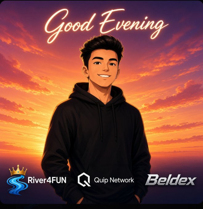 An illustrated digital graphic shows a smiling young man in a black hoodie against a sunset sky, with 'Good Evening' at the top and logos for River4FUN, Quip Network, and Beldex at the bottom.