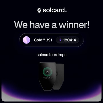 The image celebrates the winner, Gold**lf91, of the Solcard Trezor Safe 5 Drop, featuring the Trezor Safe 5 hardware wallet and a call to action at solcard.cc/drops. This directly relates to the accompanying post by announcing the winner of the mentioned drop.