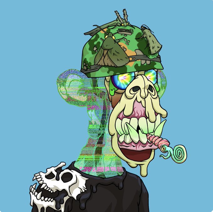 A surreal cartoon illustration of a grotesque creature with a melting face, large teeth, a protruding tongue, psychedelic eyes, and a green camouflage helmet adorned with leaves, with a small animal skull on its shoulder.