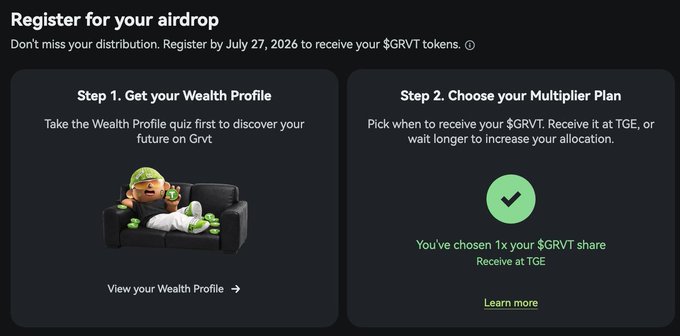 A dark-themed webpage titled 'Register for your airdrop' outlines two steps for receiving $GRVT tokens, with a deadline of July 27, 2026.