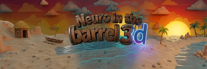 A 3D rendered banner with the text 'Neuro in the barrel 3D' set against a sunset beach scene with palm trees, a hut, and a small boat.